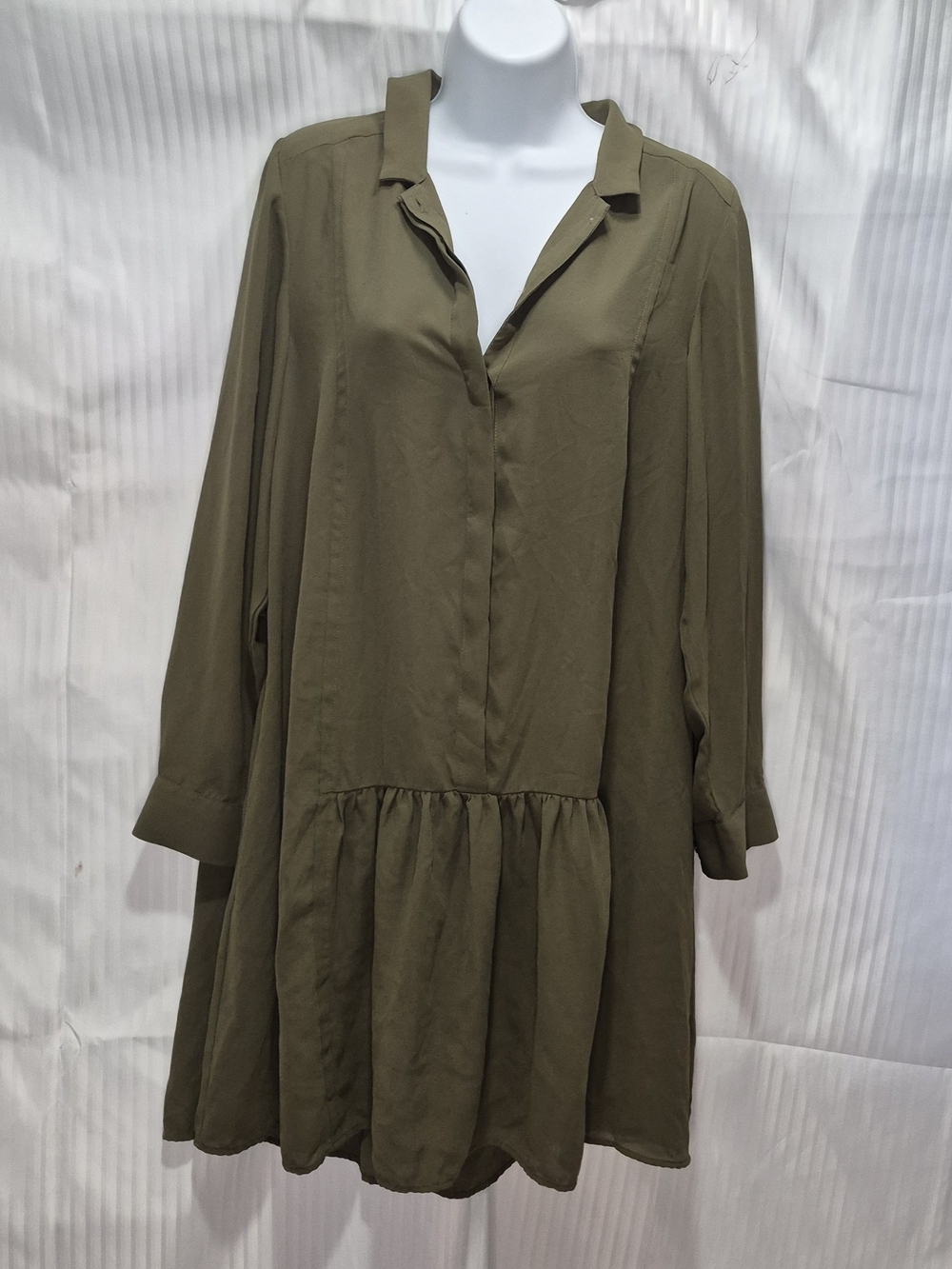 Banana Republic Olive Green Long Sleeve Shirt Dress with Gathered Hem Size 2